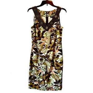 Connected Apparel Beaded Collar Sleeveless Sheath Pencil Tropical Dress  Size 6